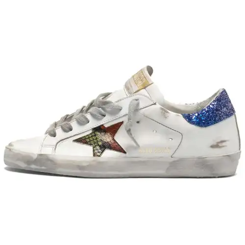 Golden Goose Super Star Cow Leather Stylish Skateboarding Shoes Women's White Starry Blue Tail Distressed
