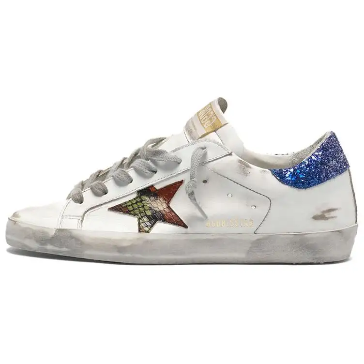 Golden Goose Super Star Cow Leather Stylish Skateboarding Shoes Women's White Starry Blue Tail Distressed