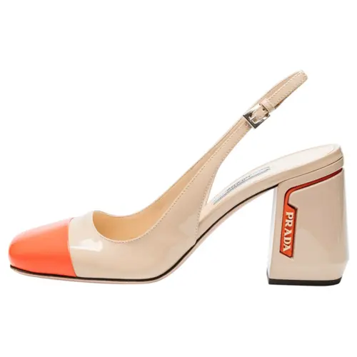 PRADA Patent Leather Chunky Heel High Heels 8.5cm Women's Beige Orange