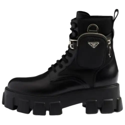 PRADA Monolith Re Nylon Calfskin Short Combat Boots 5.5cm Women's Black