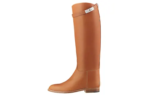 HERMES Kelly Leather Minimalist Style Casual Fleece Lined Thermal Knee high Boots 4cm Women's Brown