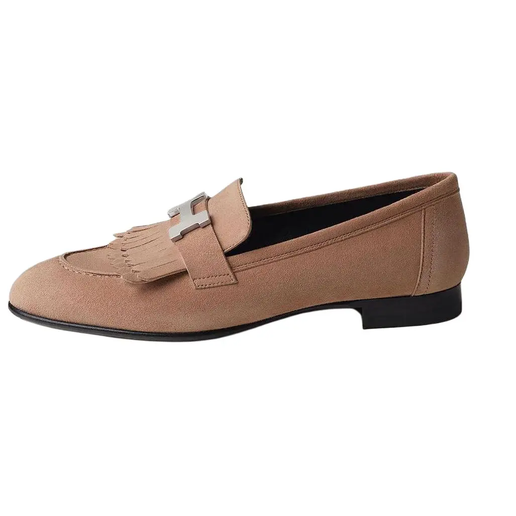HERMES Shearling Round Tip Loafers Women's Pearlescent Rose
