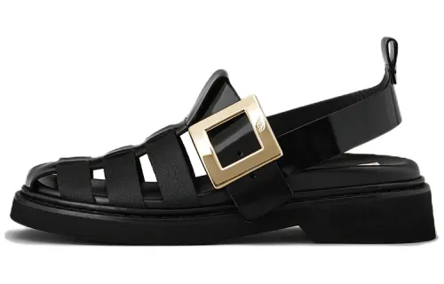 Roger Vivier Roger Vivier Rangers Metal Buckle Fisherman Leather Roman Sandals Women's Black