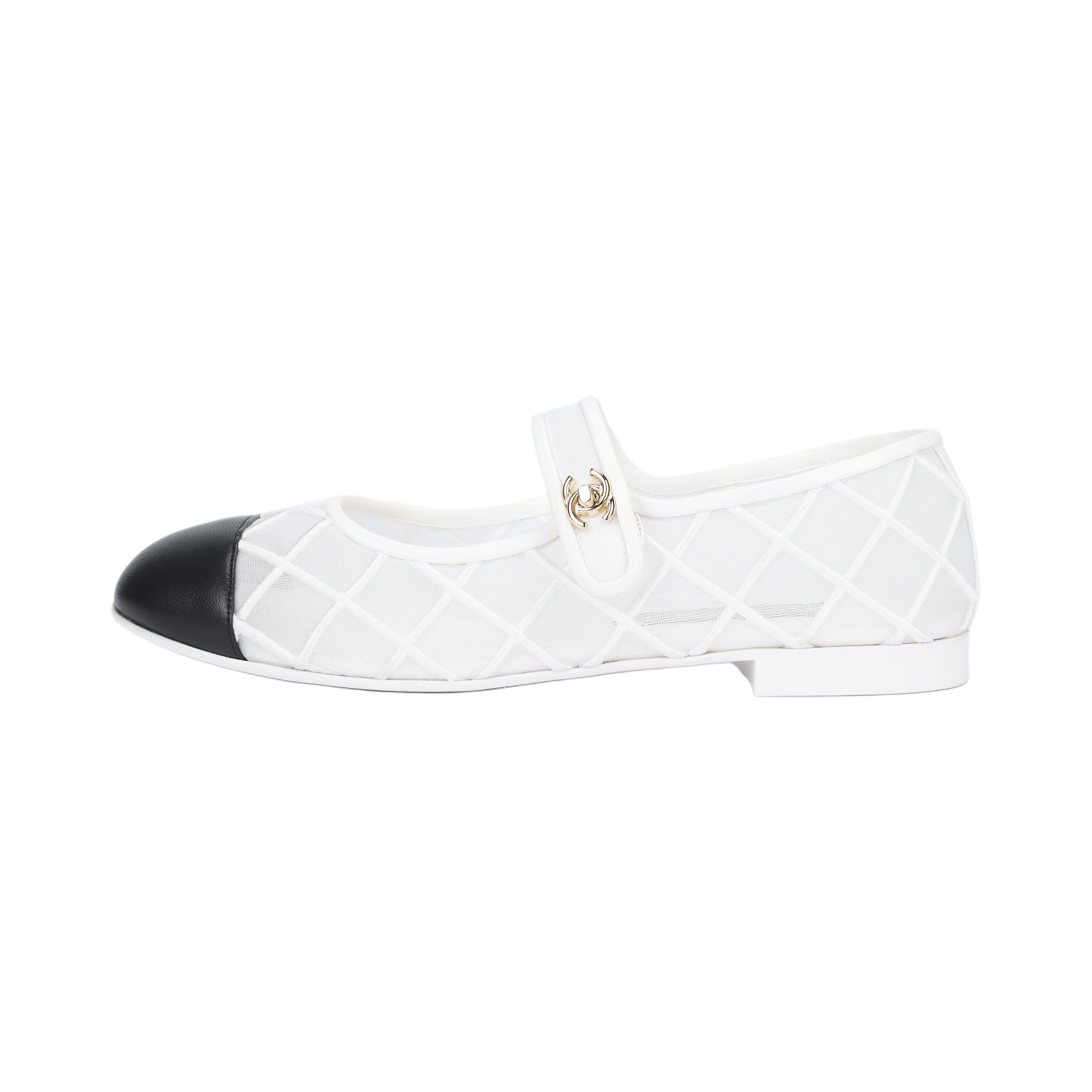 CHANEL Coco Beach 25M Fabric Flat Mary Jane Shoes Women's White