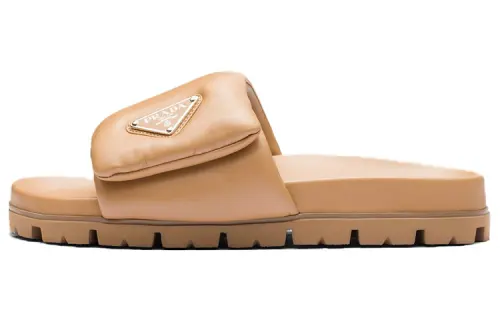 PRADA Soft Leather Slide Slippers Women's Light Brown
