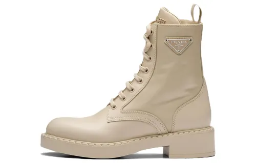 PRADA Women's Brushed Leather And Re-Nylon Ankle Boot 'Desert Beige'