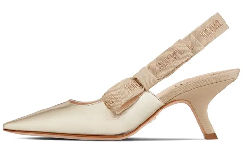 DIOR Slingback Pump Leather Block Heel High Heels 6.5cm Women's Light Gold