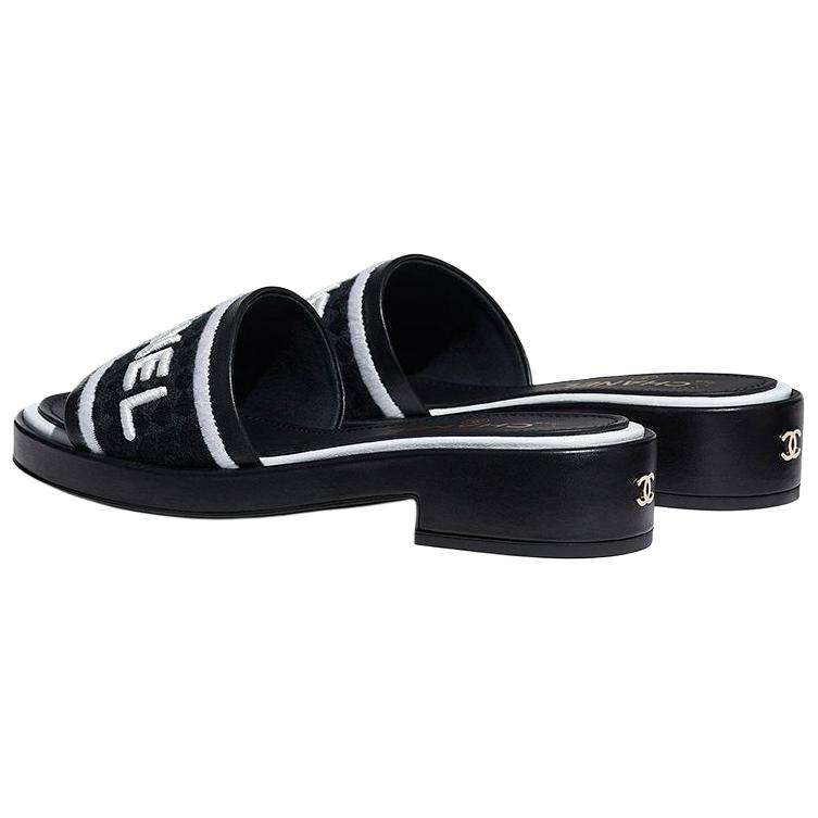 CHANEL Embroidery Slide Slippers Women's Black White