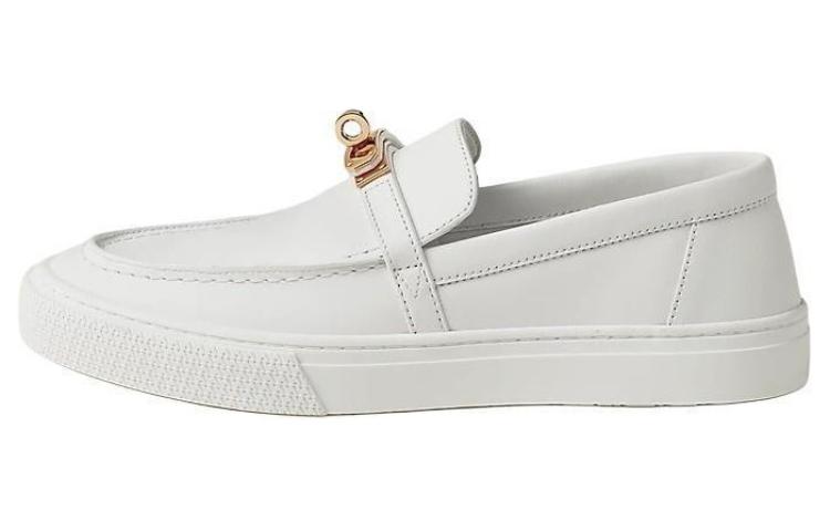HERMES Game Leather Comfortable Round Toe Casual Shoes Women's White