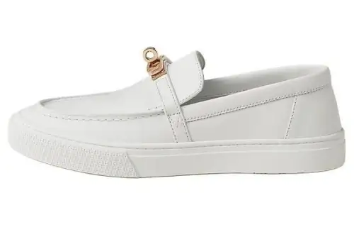 HERMES Game Leather Comfortable Round Toe Casual Shoes Women's White