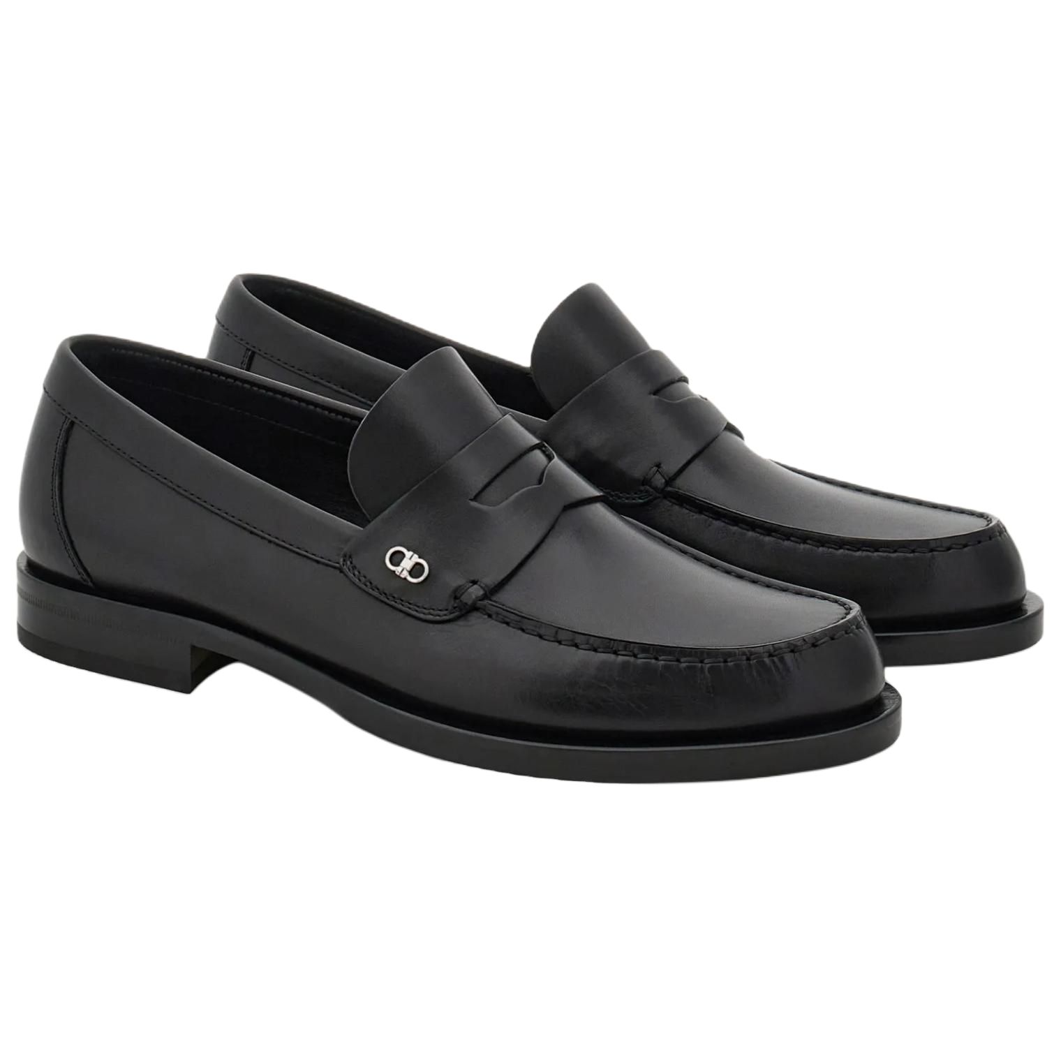 FERRAGAMO Gancini Cow Leather Loafers Men's Black