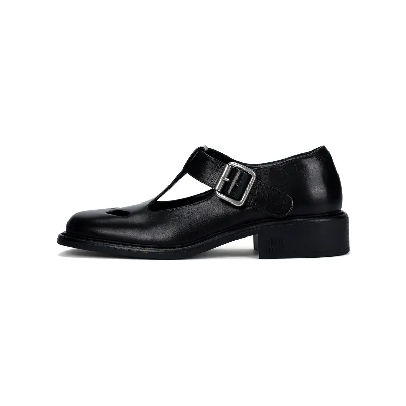MIU MIU Leather Chunky Heel Mary Jane Shoes Women's Black
