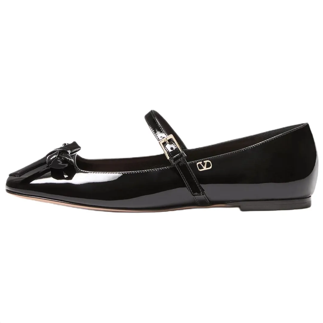 Valentino Garavani Romance Bow Patent Leather Flat Mary Jane Shoes 0.5cm Women's Black