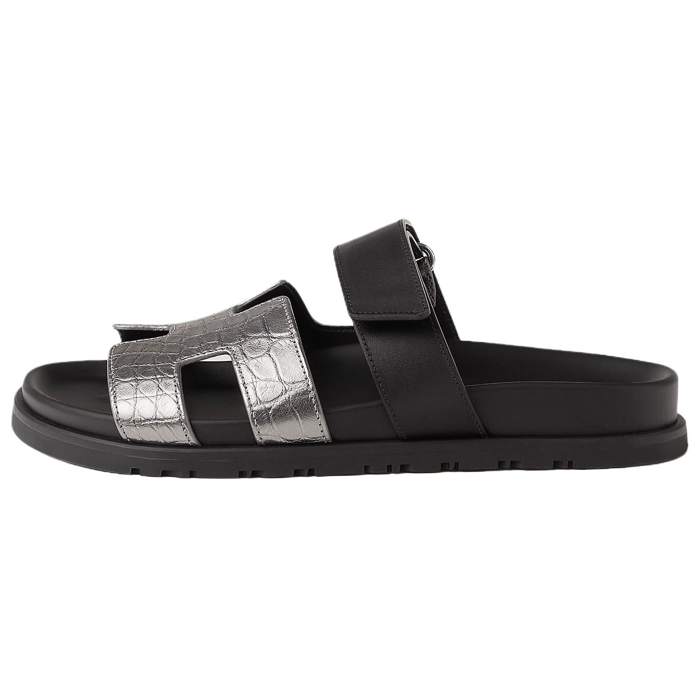 HERMES Chypre Slide Slippers 1.3cm Women's Black Silver