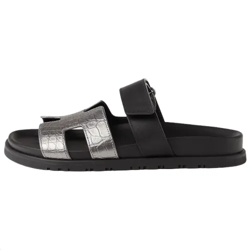 HERMES Chypre Slide Slippers 1.3cm Women's Black Silver