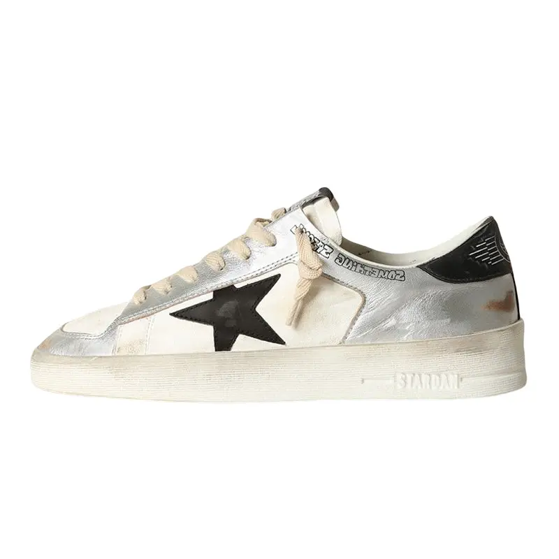 Golden Goose Stardan Leather Low top Stylish Skateboarding Shoes Men's Silver Distressed