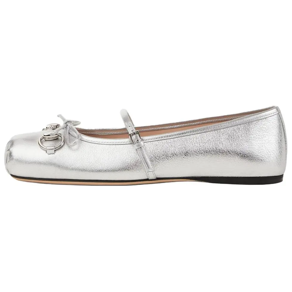 GUCCI Horsebit Leather Flat Mary Jane Shoes Women's Silver