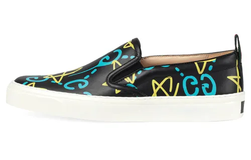 GUCCI Leather Stylish Skateboarding Shoes Women's Black Yellow Blue