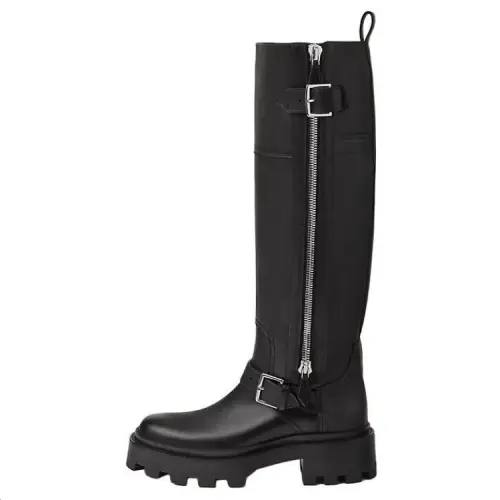 HERMES Jaime Calfskin Knee high Boots 5CM Women's Black