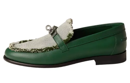 HERMES Destin Leather Loafers Women's Green