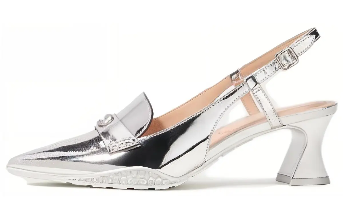 COACH Hybrid Leather Block Heel High Heels 5.5cm Women's Silver