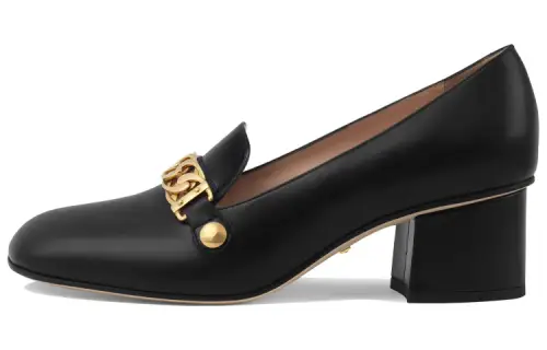 GUCCI Sylvie Leather Chunky Heel High Heels 5.5cm Women's Black