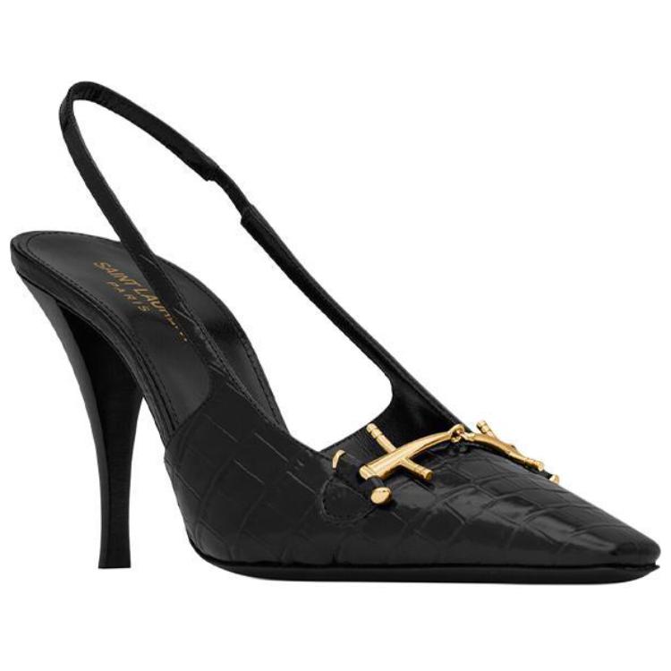 SAINT LAURENT Blade Slingback Pump Black Crocodile Embossed Patent Leather Women's