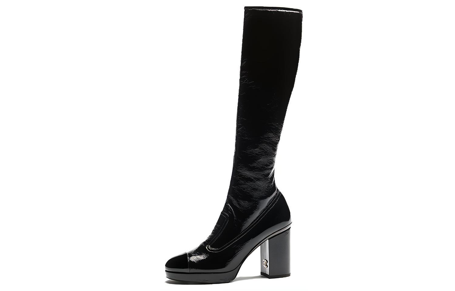 CHANEL Leather Knee high Boots Women's Black