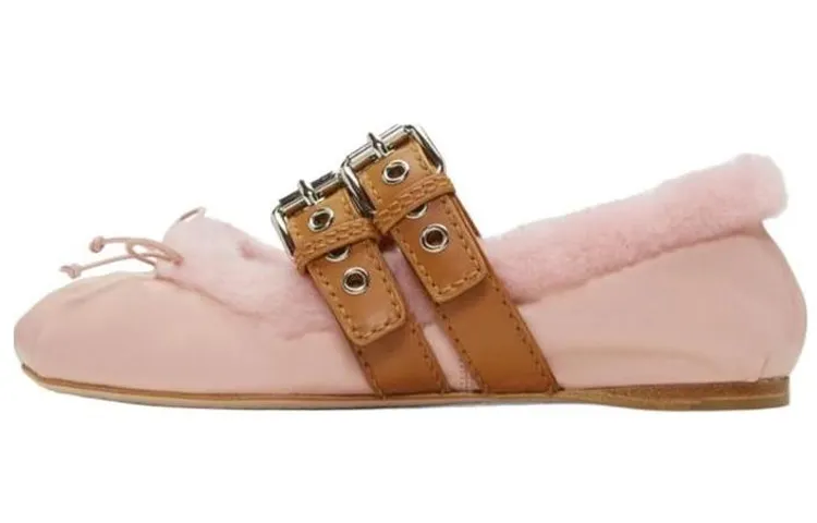 MIU MIU Leather Flat Shoes Women's Pink Brown