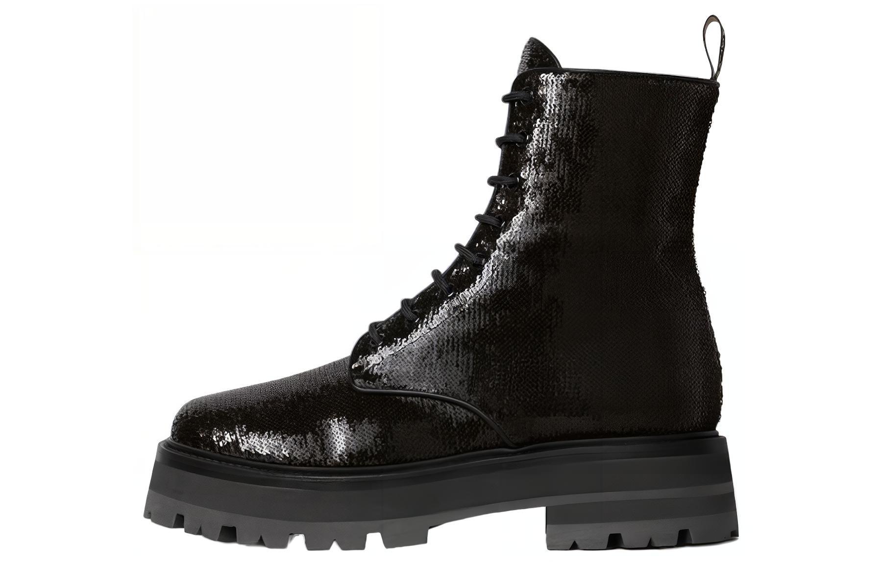 CELINE Leather Comfortable Round Toe Short Combat Boots Women's Black