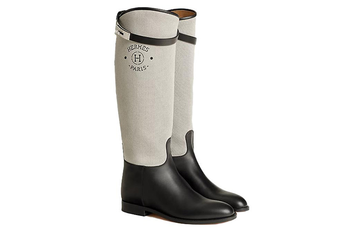 HERMES Jumping Leather Knee high Boots Women's Black Gray