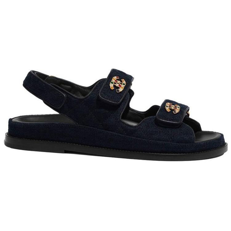 CHANEL Leather Velvet Beach Sandals Women's Marine Blue
