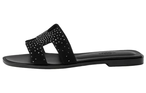 HERMES Oran Sandal Rhinestone Noir Suede Goatskin