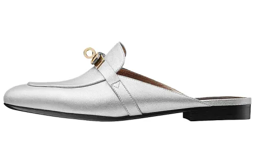 HERMES Closed Toe Slippers Women's Silver Gray