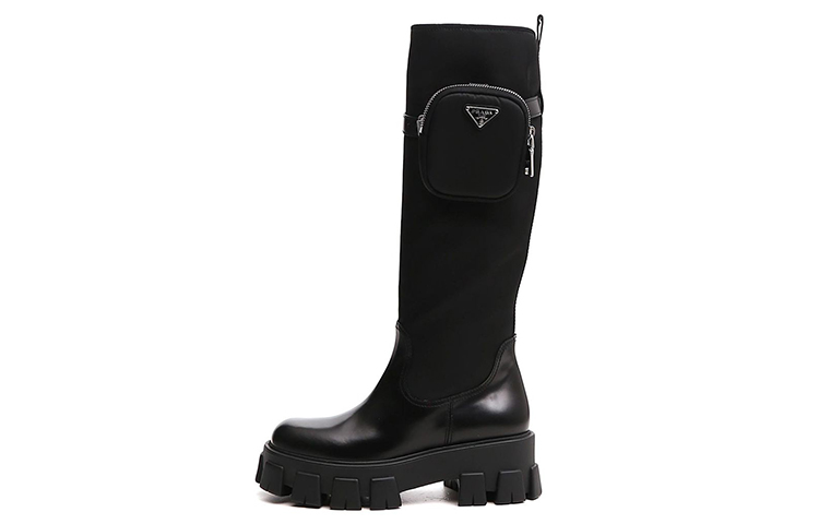 PRADA Top Grain Cow Leather Knee high Boots Women's Black