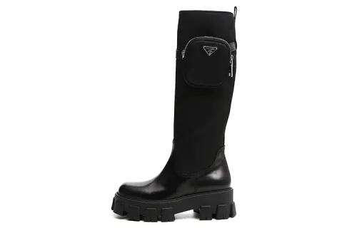 PRADA Top Grain Cow Leather Knee high Boots Women's Black