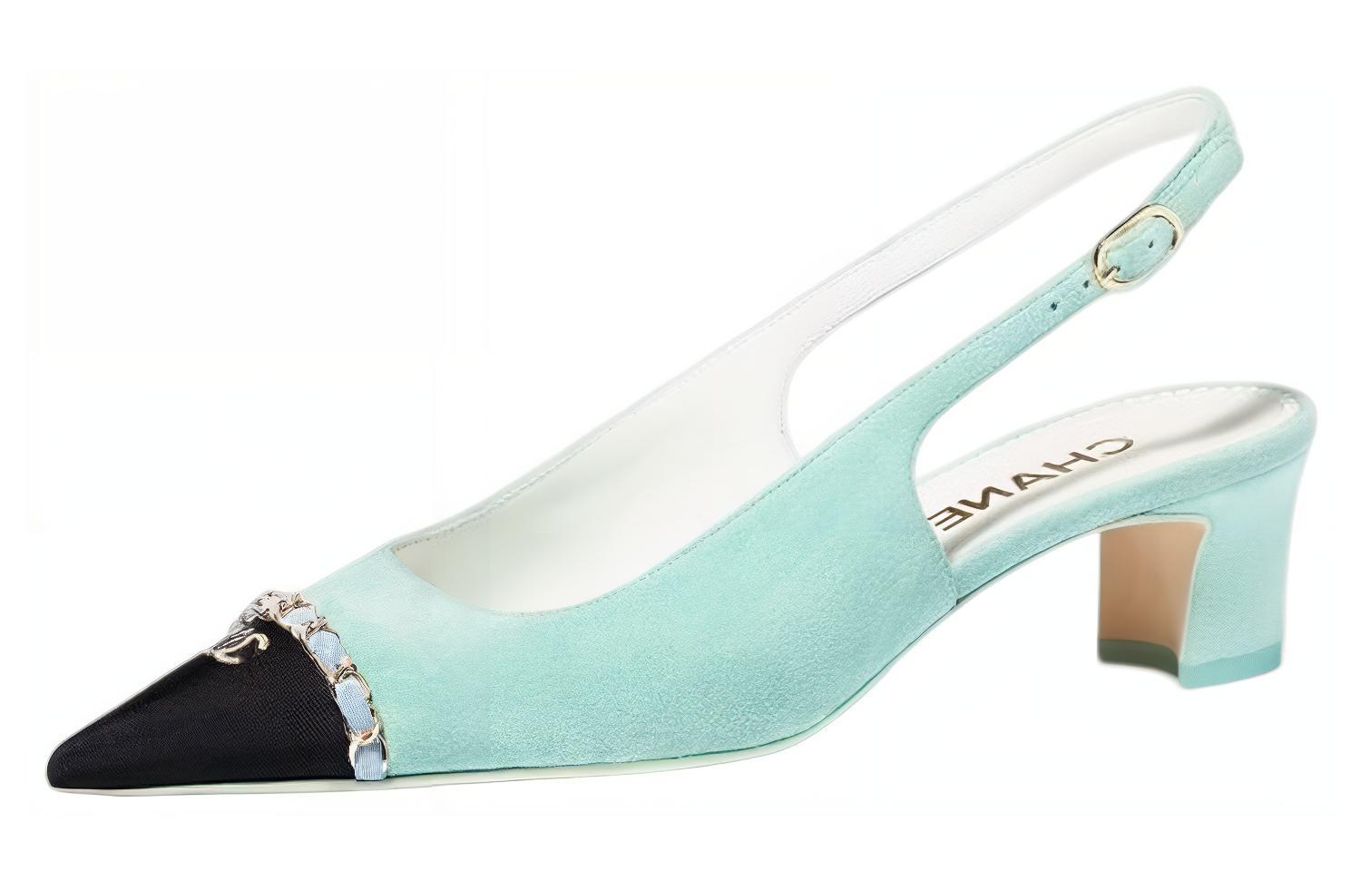 CHANEL Leather, Textile Chunky Heel High Heels 4.5cm Women's Light Blue