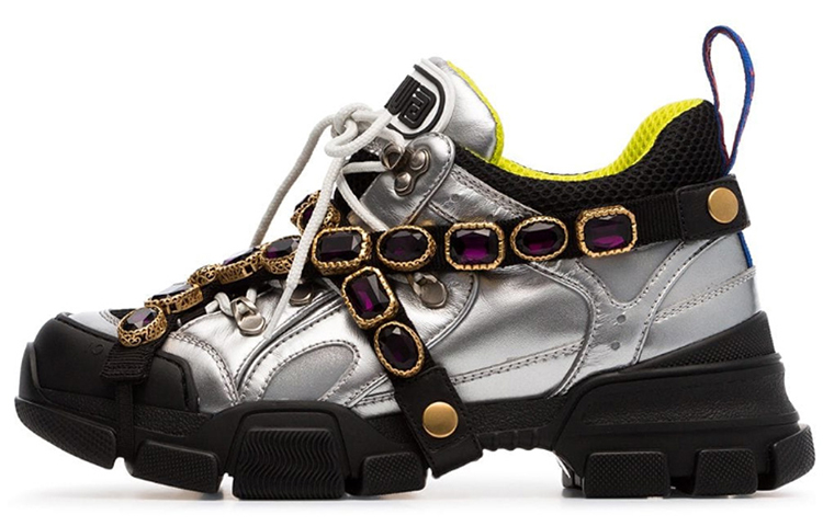 GUCCI Gucci Flashtrek Leather Removable Crystal Low Top Dad Shoes Women's Silver Gray
