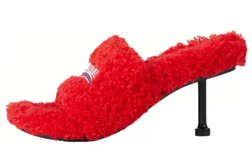 Balenciaga Furry Fashion Casual Fleece Lined Slim Heel Slide Slippers Women's Red