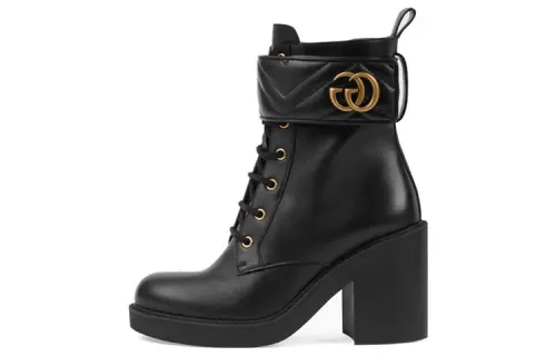 GUCCI Gg Strap Matelasse Quilted Leather Ankle Boots Black Women's