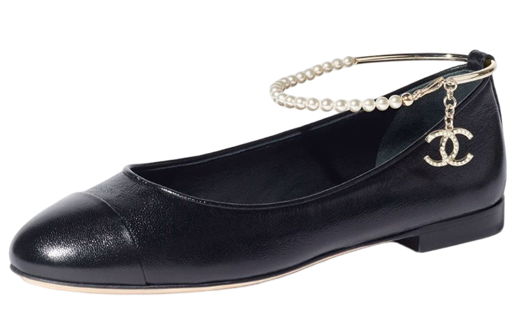 CHANEL Chanel Leather Fashion Pearl Embellished Flat Shoes Casual Shoes Women's Black