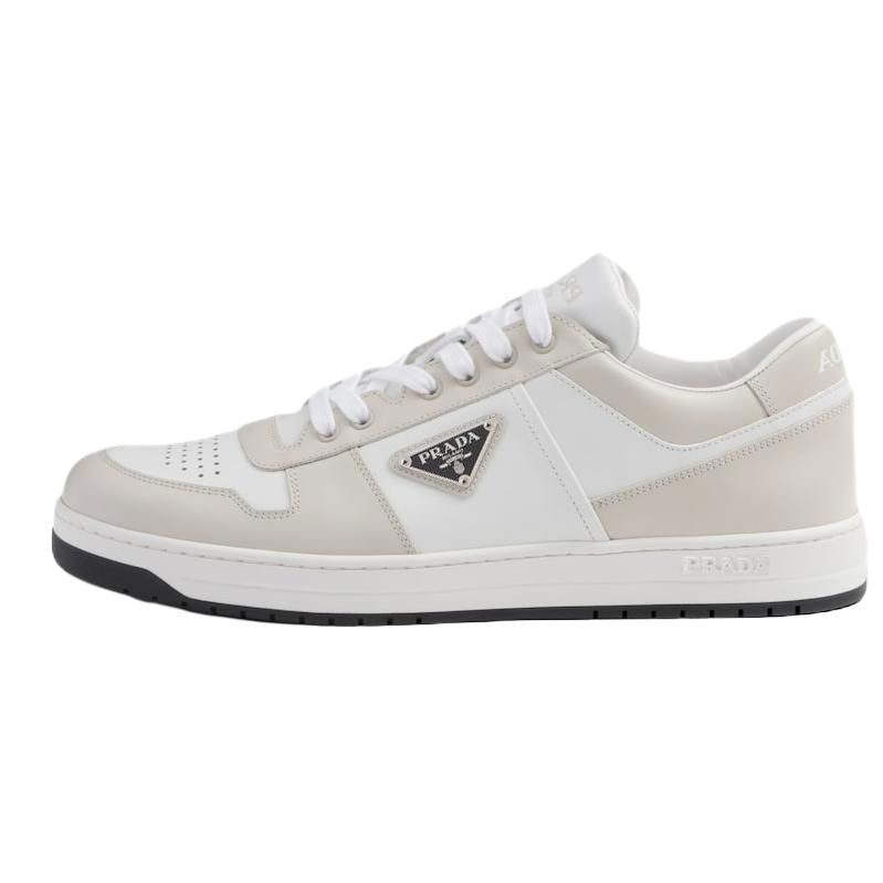 PRADA Prada Downtown leather round toe lace-up sneakers men's off-white