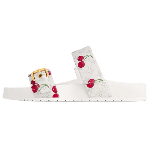 LOUIS VUITTON Cherry Bom Dia Flat Comfort Mule X Takashi Murakami White Monogram Cherry Women's