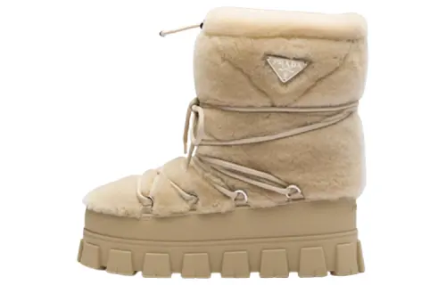 PRADA Sheepskin Thermal Short Snow Boots Women's Beige