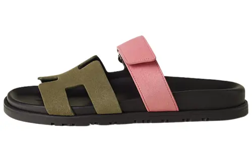 HERMES Chypre Hook and loop Slide Slippers Women's Green Pink