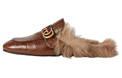 GUCCI Princetown Crocodile Leather Closed Toe Slippers Men's Brown
