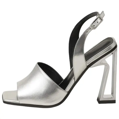 HERMES Kristal Leather One Strap Sandals 10.4cm Women's Silver