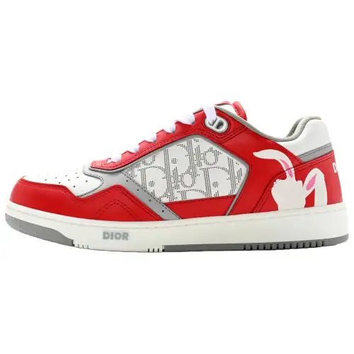DIOR B27 Low Erl Red And White Smooth Calfskin And White DIOR Oblique Galaxy Leather With Rabbit Motif
