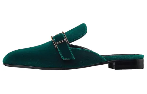 HERMES Beauty Rhinestone Closed Toe Slippers Women's Green