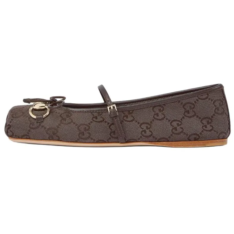 GUCCI Horsebit Sheepskin Leather Flat Mary Jane Shoes 1cm Women's Brown